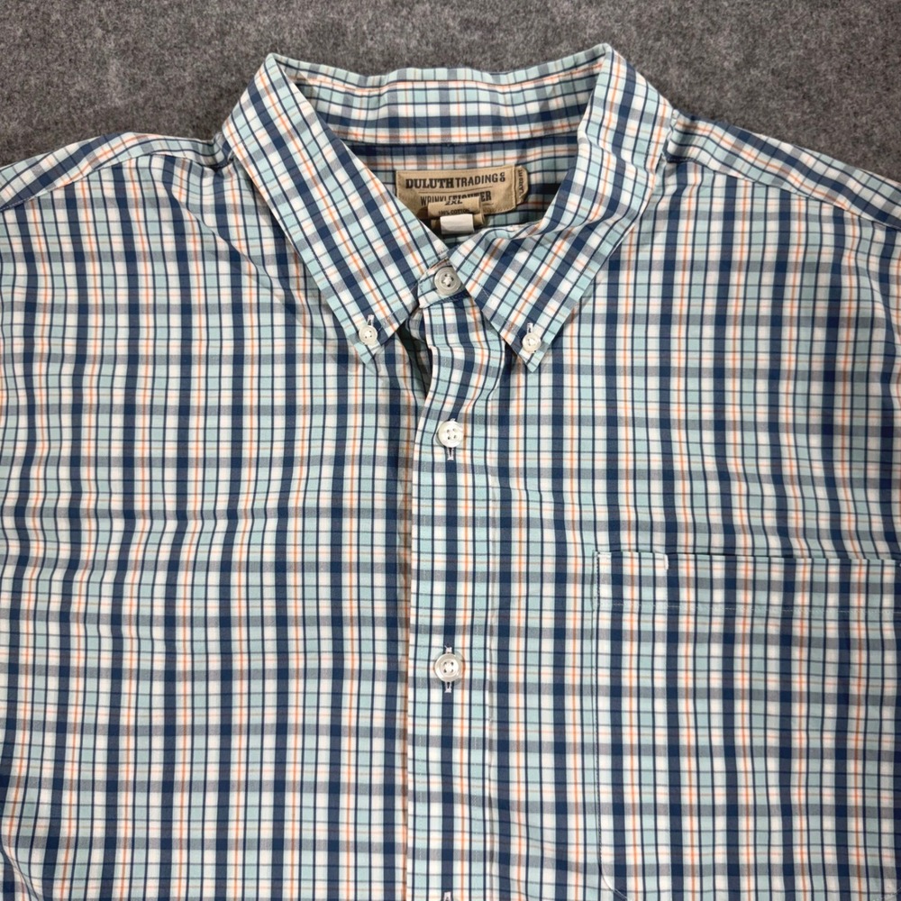 Duluth Trading Co Wrinklefighter Shirt Mens 2XL Blue Orange Plaid Relaxed Fit LS
